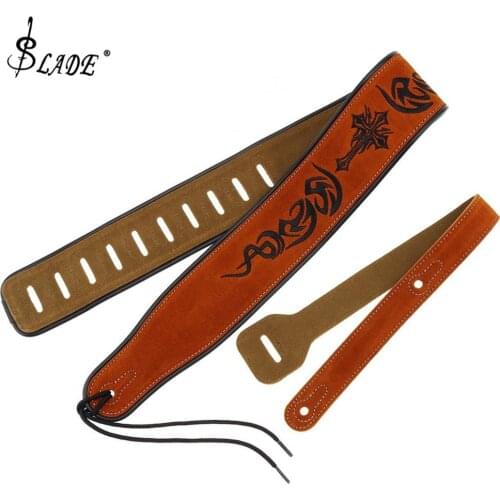 Genuine Leather Cow Suede Guitar Strap Pattern Embroidery 7cm Widen with Antifriction Design for Acoustic Electric Bass Guitar