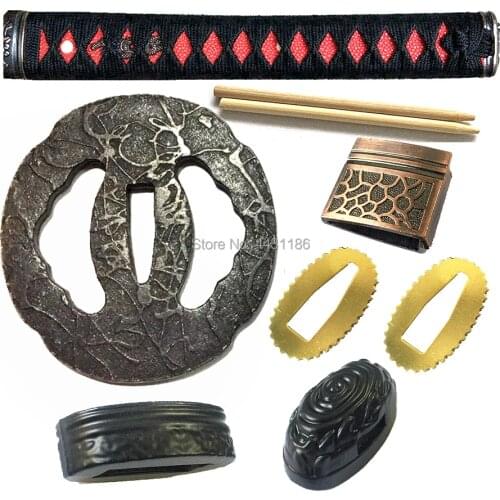 Handmade Katana/Wakizashi/Tanto Sword Handle Fittings Nice Metal Crafts Set Iron Tsuba+Menuki+Fuchi+Kashira+Handle+Habaki+Seppa