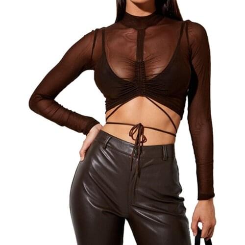 Sexy See Through Mesh Short Tops 2021 Fashion Women Long Sleeve Crew Neck Drawstring Skinny Crop Top Bandage T-Shirt Streetwear