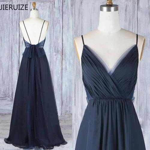JIERUIZE Dark Navy Blue Backless Sexy Evening Dresses Long 2018 V-neck Spaghetti Straps Low Back Prom Dresses Cheap Party Dress