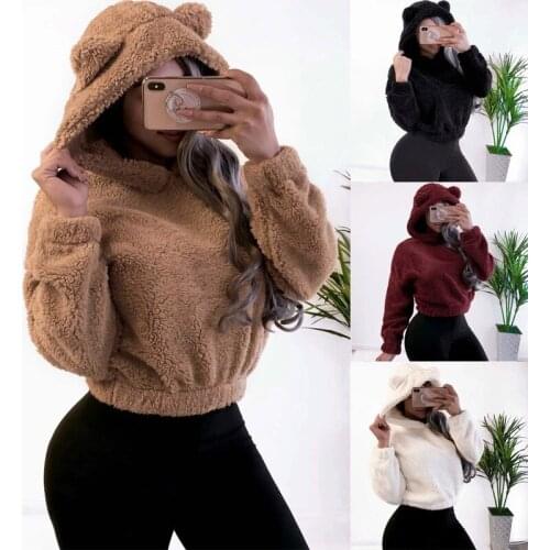 Women Sweatshirts Fluffy Plush Bear Ear Hoodies Crop Tops Autumn Winter Warm Hooded Pullover Long Sleeve Causal Sports Outwear