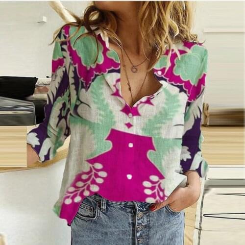 Geometric Pinted Vintage Womens Blouse Button Turn Down Collar Shirt Spcial Long Sleeve Loose Casual Autumn All-match Top 4