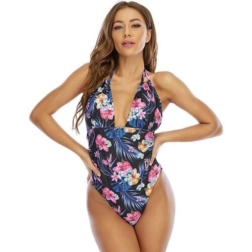 Sexy Female One Piece Swimsuit Printed Swimwear Women 2021 New Push Up Bathing Suits Halter Beach Wear V-Neck Backless Bodysuit