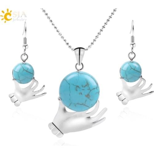 CSJA Hand Made Blue Howlite Stone Jewelry Set Round Flat Beads Necklace & Dangle Earrings for Women Charming Gift Jewellry F258