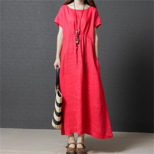 Plus Size 5XL 7XL Casual Retro Summer 2020 New Women Elegant Loose Short Sleeve O Neck Solid Color Cotton Linen Dress Vestidos