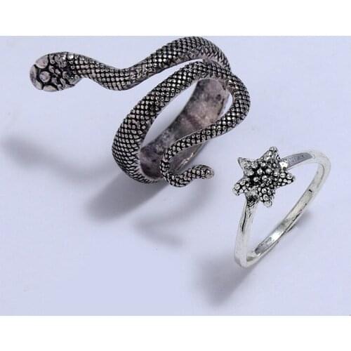 2PCS/Set Punk Style Vintage Silver Color Metal Snake Star Finger Rings for Women Men Boho Hip Hop Jewelry Mujer Bijoux Ring