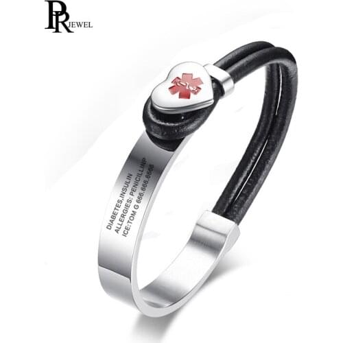 2018 NEW Arrival Customized Free Engraving Black PU Leather Stainless Steel Heart Charm Medical Alert ID Bracelet