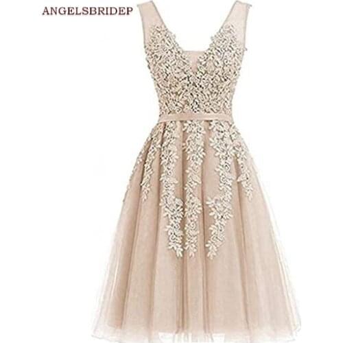 ANGELSBRIDEP V-Neck Homecoming Dresses Junior Party Gowns Fashion Applique Tulle Beading Cinderella Graduation Gowns Hot