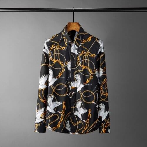 2021 Black Mens Shirts Luxury Crane And Chain All Printed Long Sleeve Mens Dress Shirts Plus Size 4xl Slim Fit Party Man Shirt