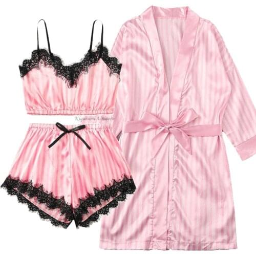 New 3 Pieces Women Pajamas Sets Faux Silk Pajamas Sleepwear Sets Elegant Sexy Lace Fashion Spring Summer Homewear Girl Robes