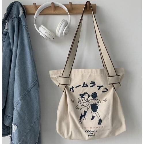 Yeqofcd Fashion Cotton Shoulder Bags Reusable Schoolbag Japanese Canvas Tote Bag Zipper For Women Girl