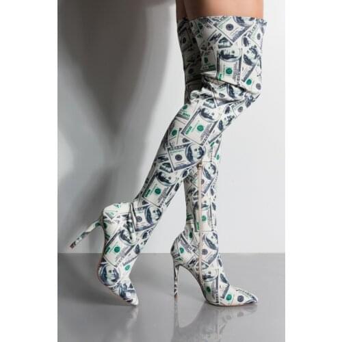 Fashion Winter Dollars Print Stretch Overknee Boots Women Sexy Ladies Thin High Heels Shoes Woman Stiletto Thigh High Boots 2020