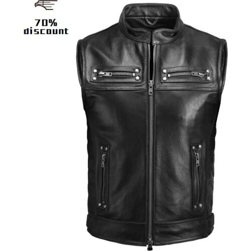 2020 Black Men American Bikers Leather Vest Plus Size XXXXL Genuine Cowhide Spring Slim Fit Motorcycle Vest FREE SHIPPING