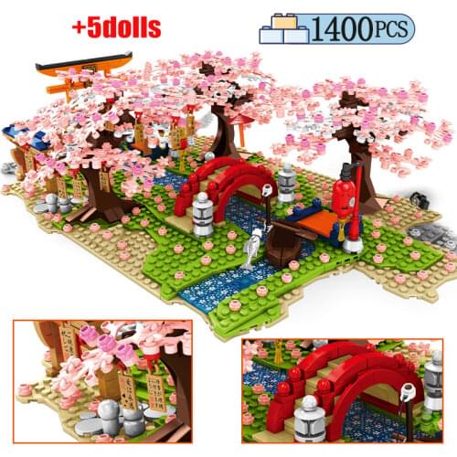 City Street View LED Light Sakura Building Blocks Cherry Blossom Inari Shrine House Tree Garden Pavilion Bricks Toy for Children