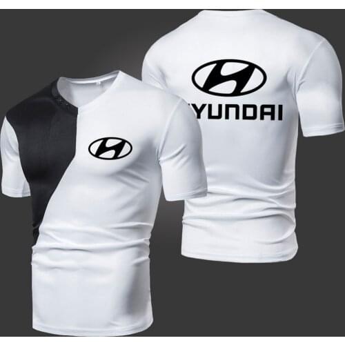 Summer New Hyundai Mens T-Shirts Solid Color Splicing Casual Breathable Sports Slim Fitting Short Sleeve V-Neck Spotswear