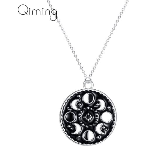 Lunar Cycle Moon Phase Pendant Necklace Round Galaxy Necklace For Women Men Jewelry Stainless Steel Black Necklace