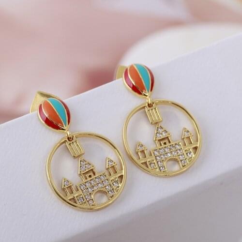 Romantic Elegant Enamel Hot Air Balloon Castle Inlaid With Rhinestone Earrings Copper Good Quality Fashion Drop Ear Jewelry