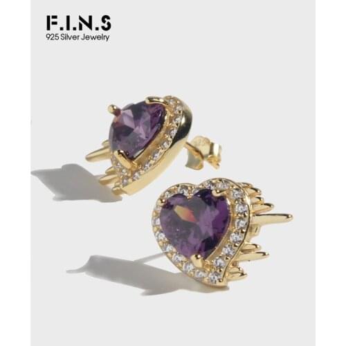 F.I.N.S Luxury Love Heart Purple Zircon Earrings S925 Sterling Silver Stud Earrings Wedding Engagement Heart Shaped Fine Earring
