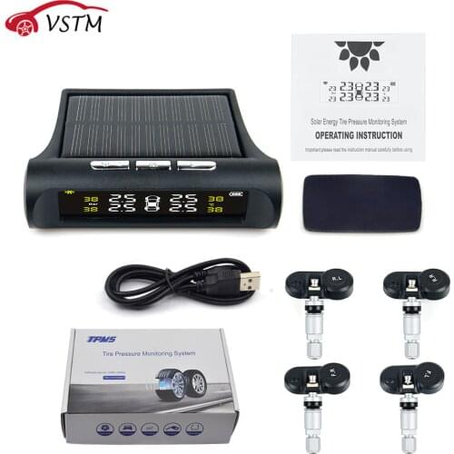 Solar Power USB TPMS Car Tire Pressure Monitoring System LCD 4 External / Internal Sensors for SUV Temperature Warning New