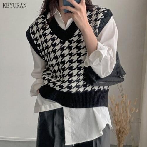 Women Sweater Vest Autumn Houndstooth Plaid V-Neck Sleeveless Knitted Vintage Loose Oversized Female Pullover Waistcoat Tops