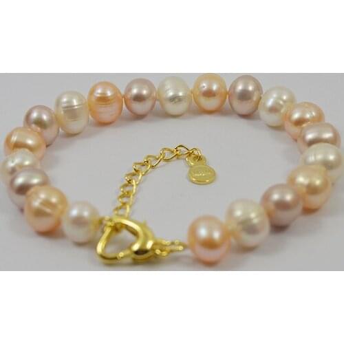 Unique Pearls Jewellery Natural Pearl Bracelet 8-9mm Potato Round Multicolor Freshwater Pearl Bracelet Heart Clasp Fine Jewelry