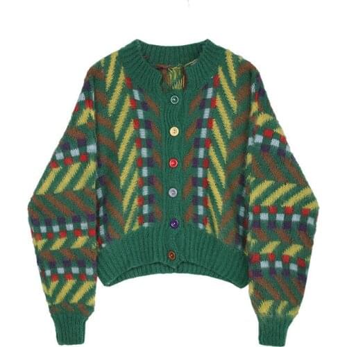 Korobov Vintage O Neck Batwing Sleeve Cardigans Sweaters Korean Hit Color Patchwork Plaid Striped Cardigan Button Sweater