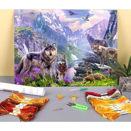 Wolf Animal Winter Printed Water-Soluble Canvas 11CT Cross-Stitch Embroidery Patterns DMC Threads Needlework Magic