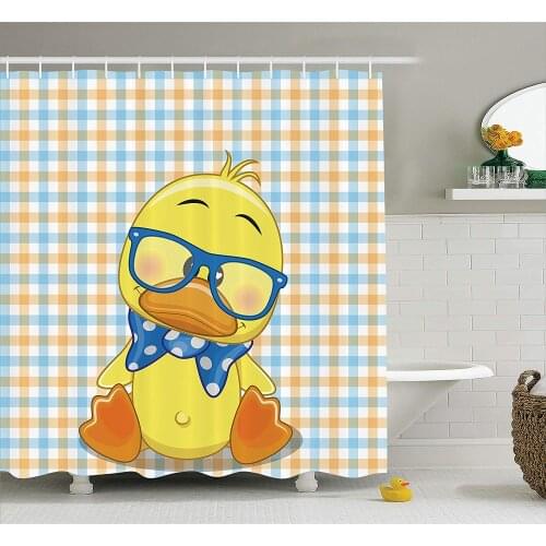 Cartoon Decor Shower Curtain Set Hipster Boho Baby Duck with Dotted Bow Cool Free Spirit Smart Geese Artsy Decor Bathroom
