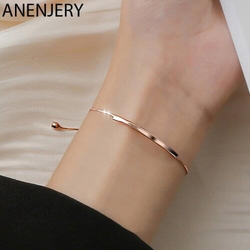 ANENJERY 925 Sterling Silver Square Tube Bracelet For Women Simple Niche Design Adjustable Bracelet Korean Personality Jewelry
