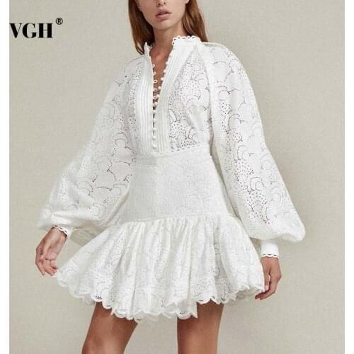 VGH Elegant Two Piece Set Women V Neck Lantern Long Sleeve Shirt High Waist Ruffles Ruched Skirt Hollow Out Suit Female Clothing