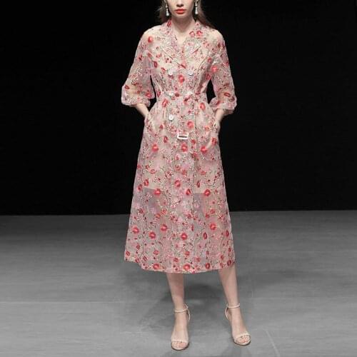 High Quality Runway Women Sexy Mesh Luxury Embroidery Through Trench Coat Double-breasted Belt Suit Collar Long Coats Outerwear