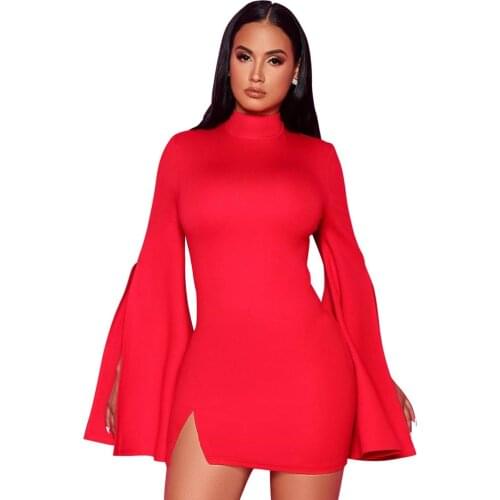 Vintage Sexy Bodycon Dress Women Flare Sleeve OL Business Office Formal Dress Sheath Cut Out Elegant Night Club Party Mini Dress