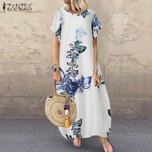 ZANZEA Summer Maxi Dress Fashion Womens Printed Sundress Casual Floral Long Vestidos Female High Waist Baggy Robe Plus Size