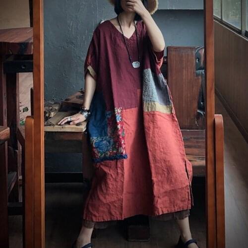 Johnature Autumn Patchwork Print Loose Linen Dress 2021 Vintage New V-Neck Half Sleeve Women Retro Casual Dress