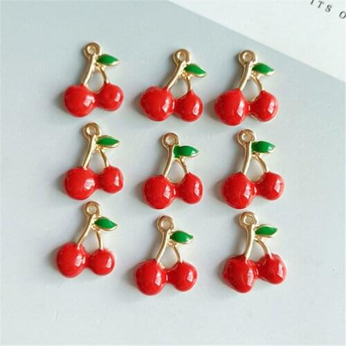 10 PCS 13x17mm Metal Alloy KC Gold Drops Of Glaze Enamel Cherry Pendant Charms For Jewelry Making