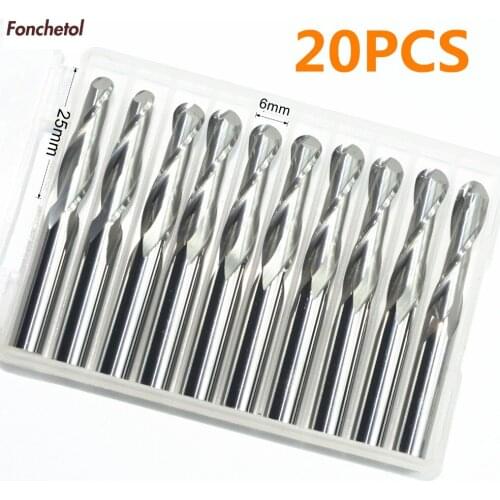 20pcs-6mm*25mm,cnc solid carbide end mill,woodworking router bit,2 flutes ball nose engraving milling cutter,tungsten wood tool
