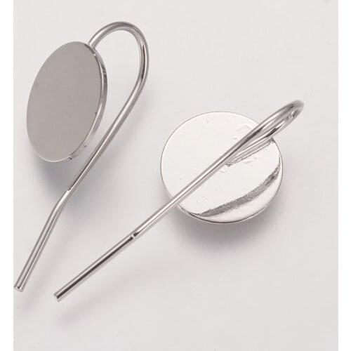 200pcs Metal Plated Brass Earring Hooks fit Cameo Cabochons, 24x10x0.5mm, Round Tray: 10mm, Pin: 0.5mm