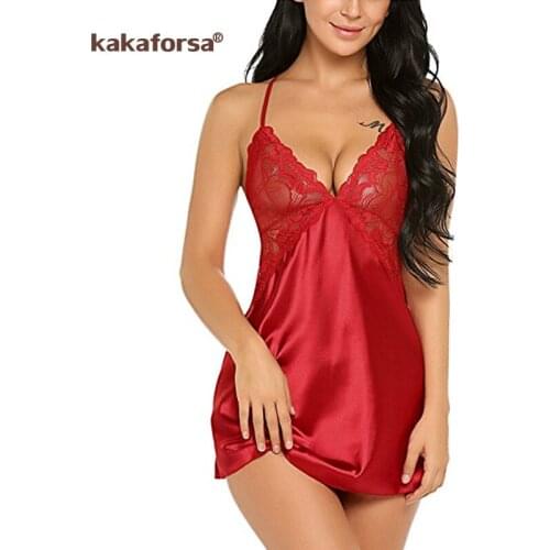Kakaforsa Sexy Lingerie Women Ladies Lace Dress Sleepwear Babydoll G string Plus Size Nightdress Stretch Mini Dress with T thong
