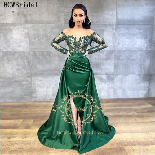 2021 Formal Long Sleeves Evening Dress See Through Beaded Lace Straight Maxi Evening Gowns Detachable Train Plus Size