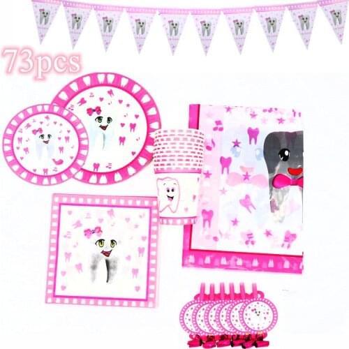73pcs Pink Teeth Birthday Party Supplies First Tooth Disposable Plates Cups Napkins Tablecloths Banners Girls Party Tableware