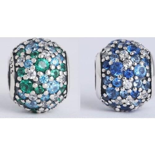 2 Colors Pave Mixed Green & Blue CZ Ocean Mosaic Crystal Beads for Charms Bracelets Women DIY Summer 925 Sterling Silver Beads