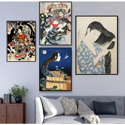 Home Decor Abstract Japan Coming Her Hair Canvas Painting Prints Retro Poster Living Room Wall Art Modular Moon Picture Framed