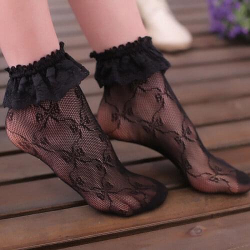 Elegant Women Girls Sexy Lace Floral Socks Soft Solid Color Pleats Elastic Socks Summer Ruffle Fishnet Short Ankle Socks