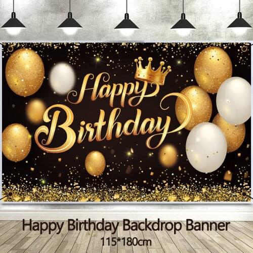 Happy Birthday Backdrop Banner Large Black Gold Balloon Star Sign Poster Booth Backdrop Birthday Party Decor Photo background