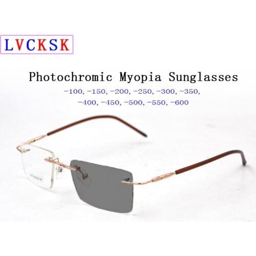 Photochromic Myopia Sunglasses Rimless Square Women Men Nearsighted Shortsighted Spectacles -1.0~-6.0 Can Custom Prescription N5