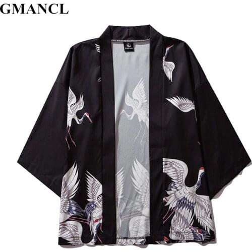 Summer Men Japanese Style white crane printed Kimono Cardigan Jackets Streetwear Harajuku Mens Windbreaker fabric thin Outwear