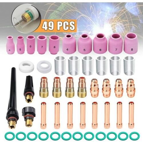 49Pcs Tig Welding Accessories Kit Stubby Gases Lens Heat-Resistant Glass Cup Alumina Nozzle Set for WP-17/18/26