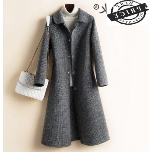 Autumn Coat Women 100% Wool Coat Female Korean Plaid Slim Fit Woolen Jacket Ladies Long Cashmere Abrigo Mujer 2021 120a5