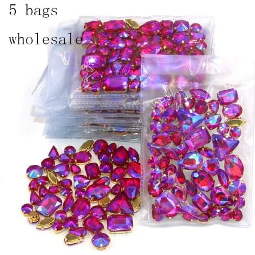 New arrival Wholesale 5 bags mixed shape sew on glass crystal Red AB rhinestones gold base for clothing/dress