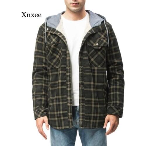 Plaid Print Hooded Sweatershirt Winter Casual Velvet Thickened Warm Men Shirt Cotton Loose Jacket Long Sleeve Shirts Caot